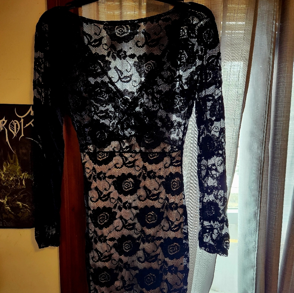 Lace Cocktail Dress, S, Nude/Black